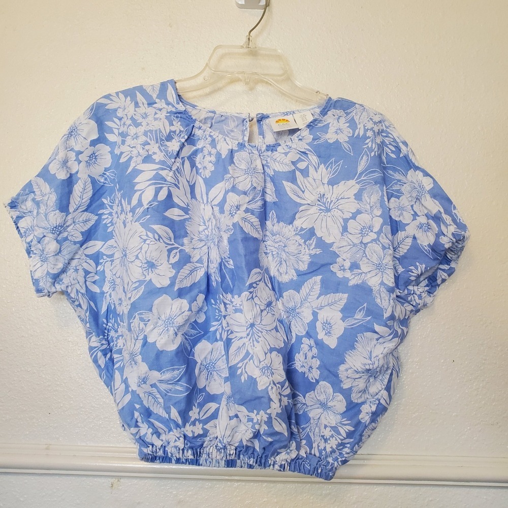 C&C California 100% Linen Floral Crop Top Blue White Hibiscus Bubble Hem Medium